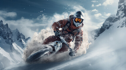 Motorbike in the snow mountains. Male biker on a motorcycle rides on a snowy off-road through snow. Cyclist riding the bike in the beautiful snowy mountains. Extreme sport and biking concept.