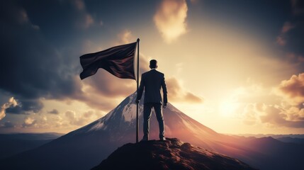 Silhouette of a man with his flag waving in the wind on the top of mountain with a morning sky and sunrise and enjoys the moment of success.