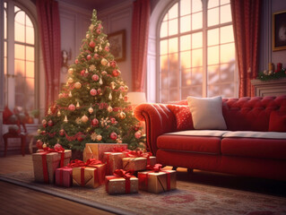 christmas day, christmas morning or early evening, fictional, christmas presents on carpet in living room, sofa couch, christmas tree