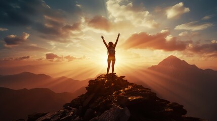 Silhouette of a woman raising  her hands up against the sky on the top of mountain with a morning sky and sunrise and enjoys the moment of success.
