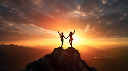 Silhouette of two women holding hands and cheering together on the top of mountain with a morning sky and sunrise and enjoys the moment of success.