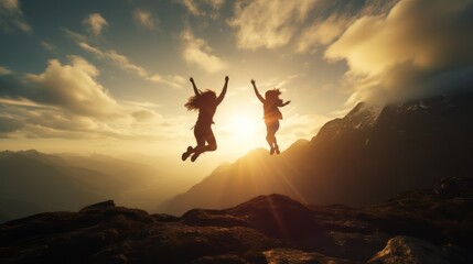 Silhouette of two women jumping and cheering together on the top of mountain with a morning sky and sunrise and enjoys the moment of success.