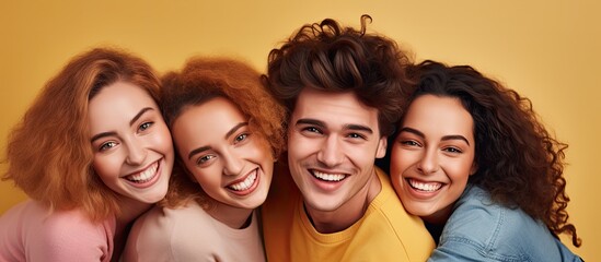Obraz premium Group of young friends embracing and facing the camera in a joyful manner With copyspace for text