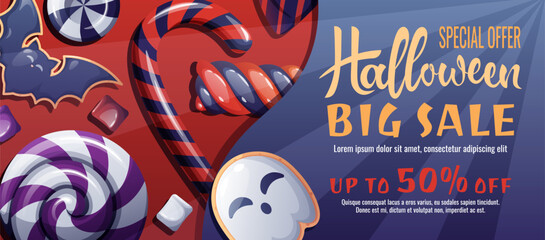 discount banner templates with sweets and ghost cookies. Halloween sale, discount voucher. Trick or treat. Design of banner, poster, flyer, advertisement.