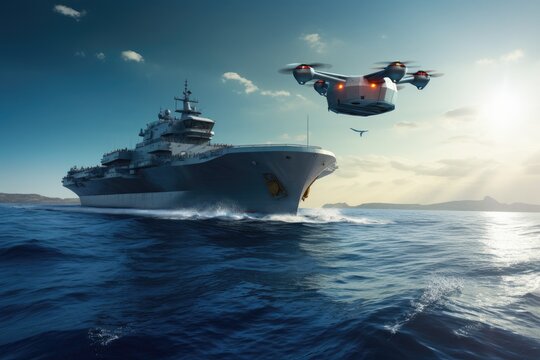 Water drone near a large military ship