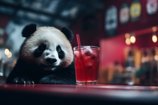 Sad drinking panda with a glass.