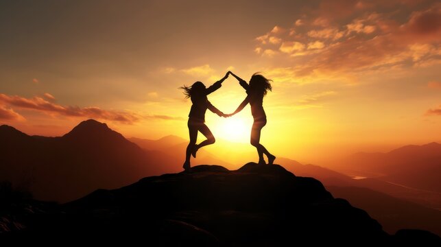 Silhouette of two women dancing and cheering together on the top of mountain with a morning sky and sunrise and enjoys the moment of success.