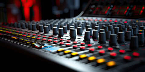 Obraz na płótnie Canvas A sound mixing console, close-up front view