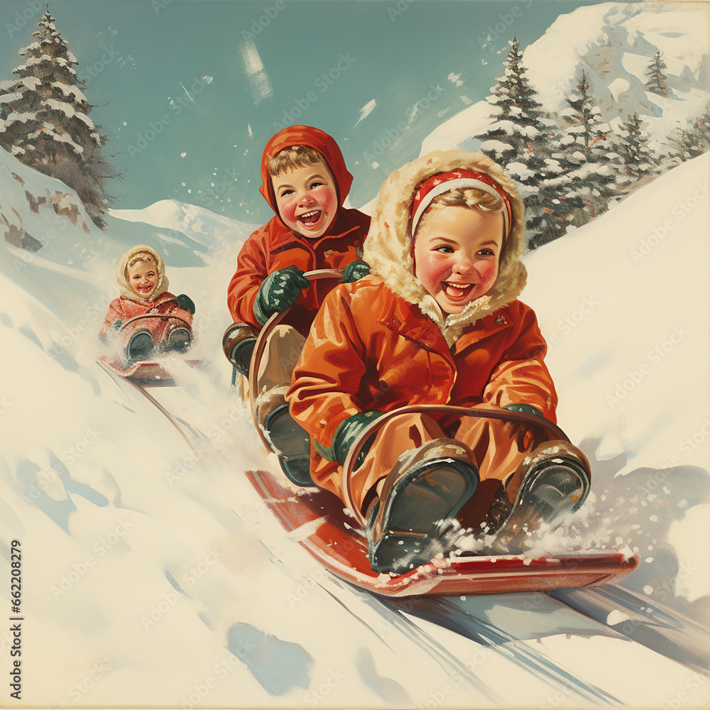 Wall mural vintage retro christmas card. winter, snow, new year. children sledding down the mountain. unusual n