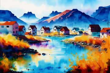 Fototapeta premium A watercolor town. Nordic Serenity, Watercolor Painting of a Scandinavian Town. Generative AI