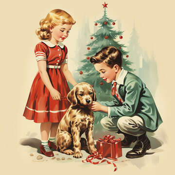 Vintage retro Christmas card. Children and pets look at gifts near a decorated Christmas tree. Unusual New Year Christmas background, creative wallpaper.