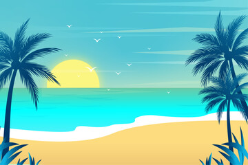 Fototapeta na wymiar Gradient tropical summer beach background with palm trees and beach