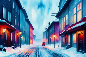 Obraz premium A watercolor town. Nordic Serenity, Watercolor Painting of a Scandinavian Town. Generative AI