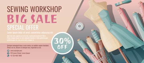 Banner template for sewing workshop. Discount coupon with sewing items. Mannequin and fabric. Poster for sewing courses, schools, shops, ateliers. Discounts on products. - obrazy, fototapety, plakaty