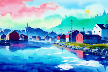 Fototapeta premium A watercolor town. Nordic Serenity, Watercolor Painting of a Scandinavian Town. Generative AI