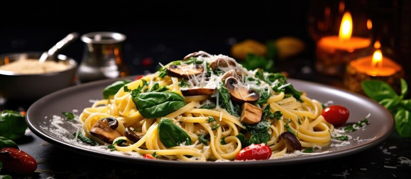 Italian cuisine with vegetarian food featuring linguini pasta mushrooms spinach and cheese for a healthy meal With copyspace for text