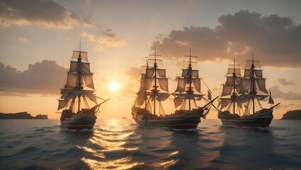 Medieval frigates at sea in the setting sun - obrazy, fototapety, plakaty