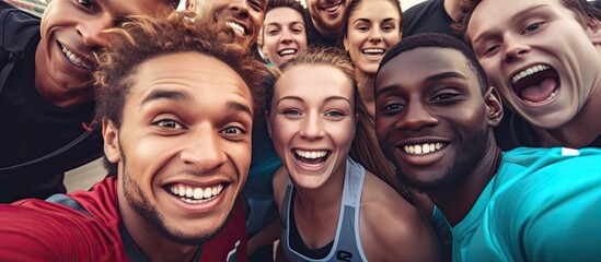 Happy and diverse Olympic athletes taking a selfie and showing hand gestures With copyspace for text