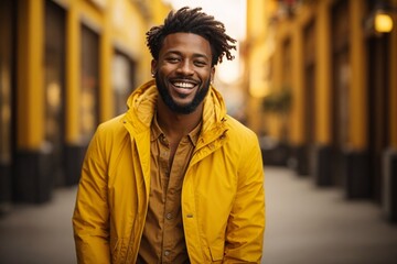 Fototapeta premium Joyful Urban Charm: Portrait of a Young, Curly-haired African American Man Laughing in a Stylish Yellow Jacket against Cityscape Backdrop