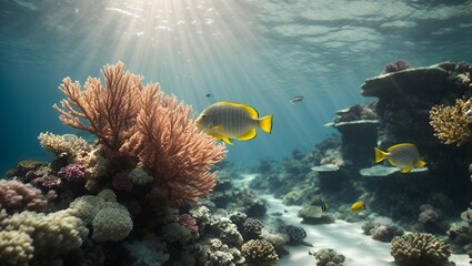 Naklejka na ściany i meble Sunlit Serenity: Coral Reef Fish in Underwater Scene with Transparent Waters