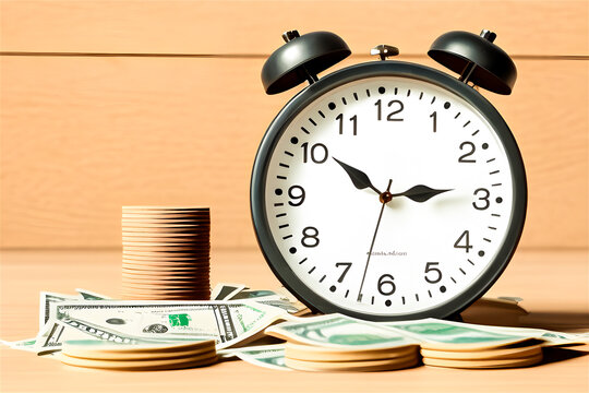 Clock and pile of money on the wooden table with overworked businessman . Overtime and life work balance concept