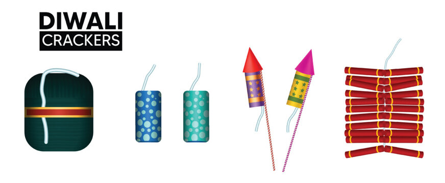 set of Celebration Firecrackers Diwali Crackers vector on white isolated