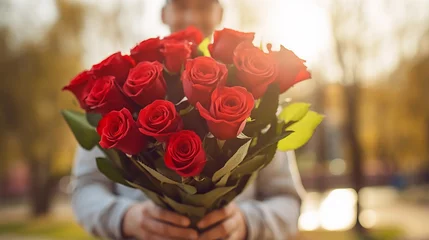 Deurstickers Man holding large bouquet of charming red roses in daylight against an outdoor street background exudes heartfelt gesture of love and romance, adorable gift for woman you love, close up copy space © TRAVELARIUM