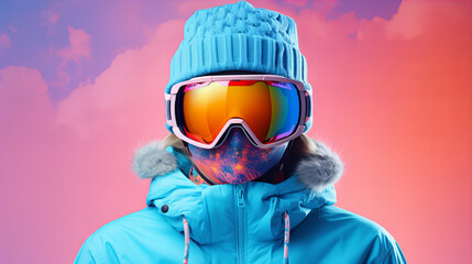 Snowboarder smiling woman wear blue suit goggles mask hat ski padded jacket hold snowboard behind neck isolated on plain pastel pink background. Winter extreme sport hobby weekend trip relax concept.