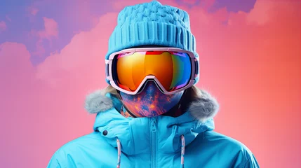 Fotobehang Snowboarder smiling woman wear blue suit goggles mask hat ski padded jacket hold snowboard behind neck isolated on plain pastel pink background. Winter extreme sport hobby weekend trip relax concept. © Viktorikus