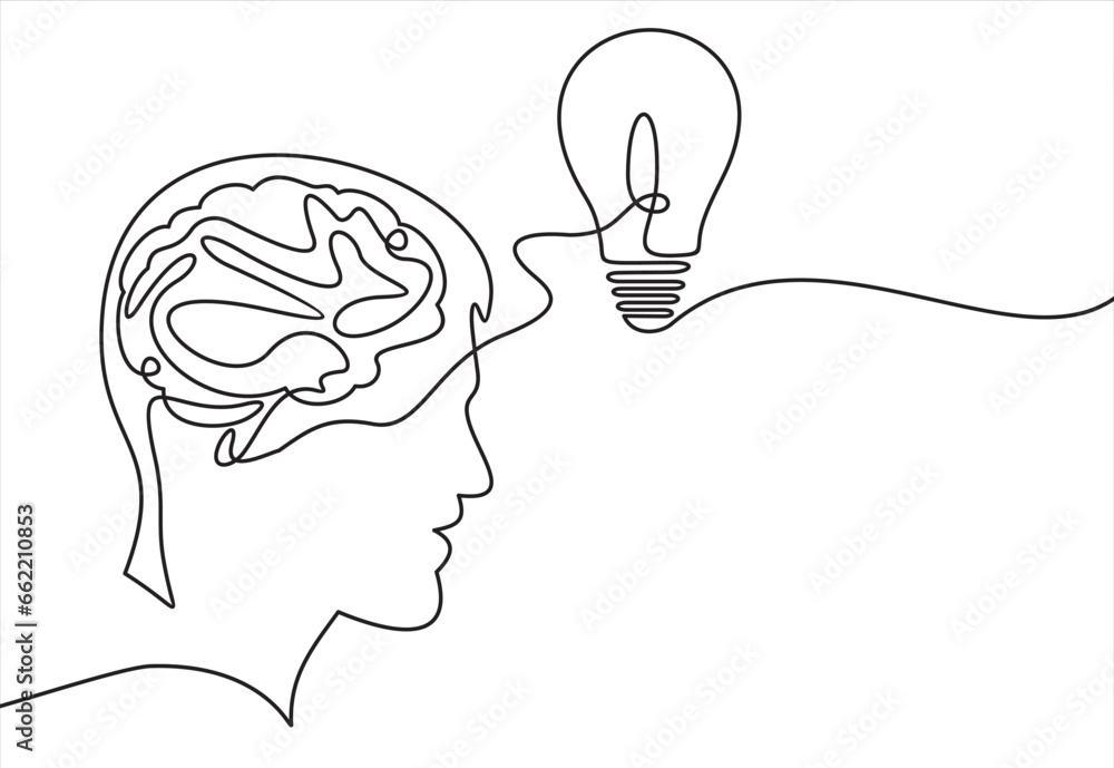 Poster continuous one drawn line of a man thinking with light bulb in front of his head. allegory of soluti