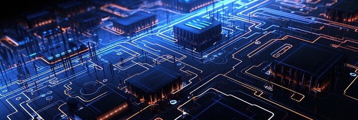 banner Electronic circuits, blue neon light, Software and Web Developer Programming Code, Binary Abstract Computer Script, Program Developing digital background.