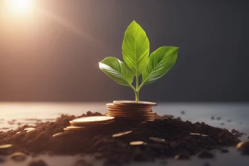 Foto op Canvas green sprout in a stack of coins and money in a pot. business concept and growing investment green sprout in a stack of coins and money in a pot. business concept and growing investment green plant an © Shubham