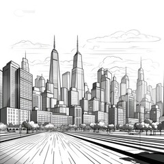Towering skyscrapers line the urban skyline