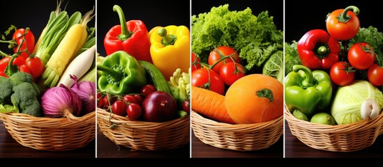 Grocer basket with vibrant vegetables and fruits With copyspace for text