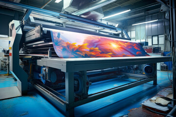 Large wide digital printer machine during production in background of modern print shop. Printing concept of photos and advertisements. - obrazy, fototapety, plakaty