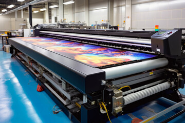 Large wide digital printer machine during production in background of modern print shop. Printing concept of photos and advertisements. - obrazy, fototapety, plakaty