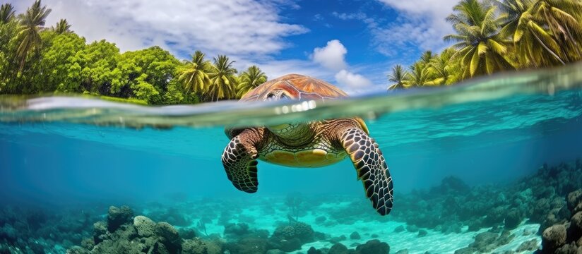 Green sea turtle in the Bora Bora lagoon With copyspace for text