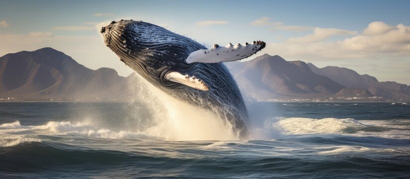 Humpback whale breaches off South Africa s east coast during winter migration With copyspace for text