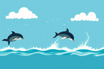 Naklejka premium Summer vacation concept. Dolphin Serenade. A Captivating Encounter by the Coastal Haven. Generative AI
