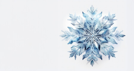 Snowflake drawn in pastel blue on a white isolated background. Watercolor, close-up.