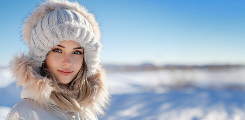 Beautiful smiling young woman with knitted hat on head outside in winter, banner.
