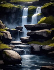  a stunning waterfall cascading over a rocky terrain.