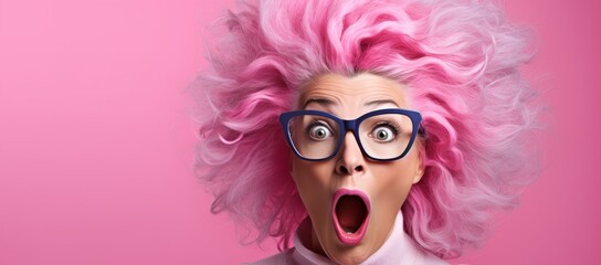 Generative AI banner of a Surprised Mature Woman with Glasses with Big Hair on an Pink Background