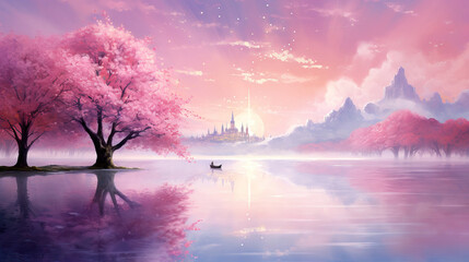 Magic landscape with castle, lake and cherry blossom tree
