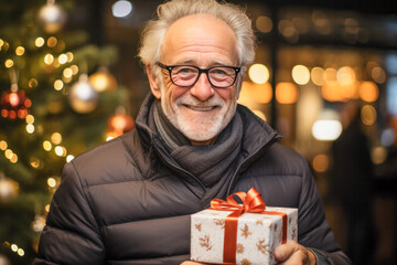 Obraz na płótnie Canvas Older man happy and smiling with a gift at Christmas time