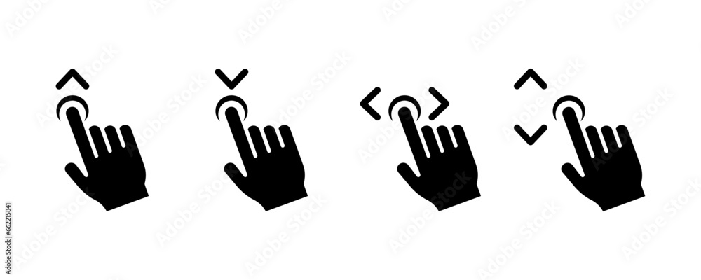 Poster swipe on left, right, down and up. touch forefinger on phone. scroll icon. drag finger in screen. ve
