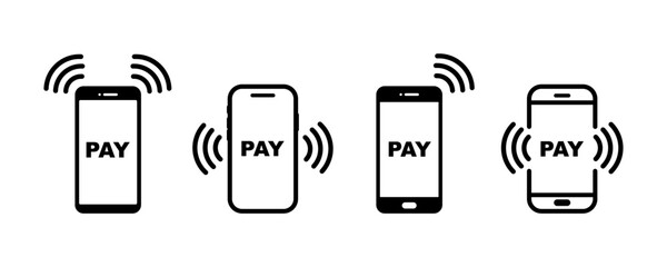 Pay with phone. Contactless payment with smartphone. Vector icons set.