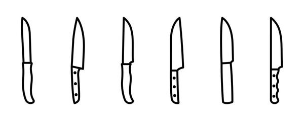 Set of line kitchen knife vector icons. Black silhouette with sharp knife. Metallic cutlery. Vector 10 EPS.