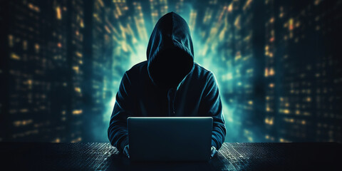 Cybernetic Enigma: Silhouetted Technomancer. Hacker with data flow behind in a dark room. Generative AI