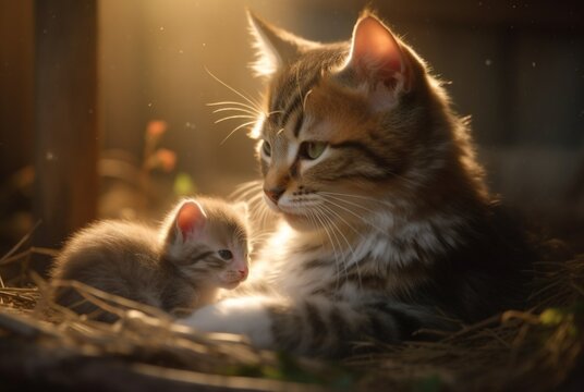 closeup of kitten with cute mother cat. generative ai